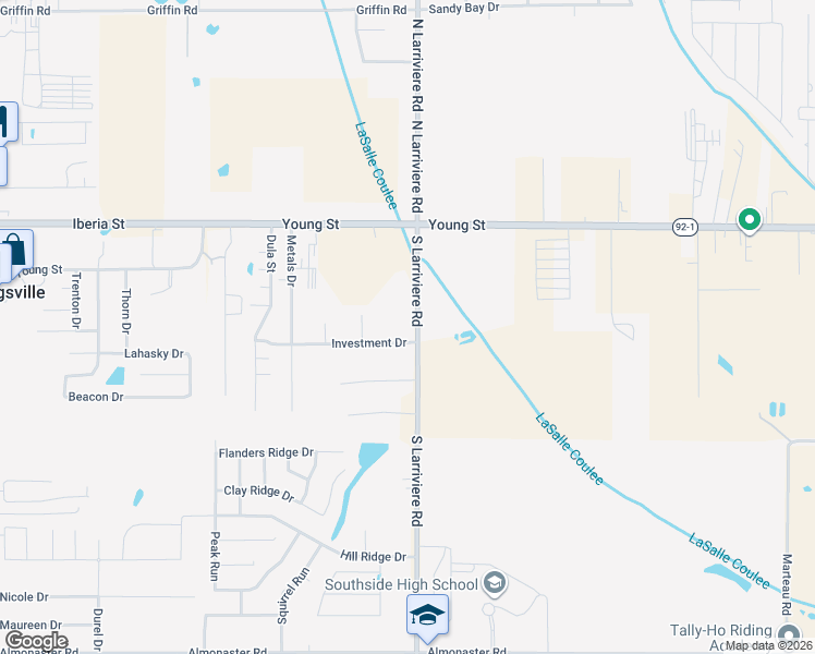 map of restaurants, bars, coffee shops, grocery stores, and more near 214 South Larriviere Road in Youngsville