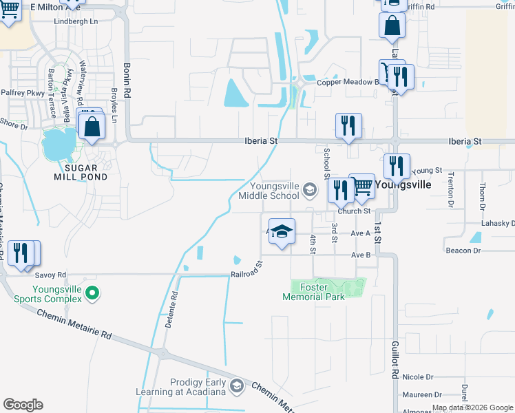 map of restaurants, bars, coffee shops, grocery stores, and more near 105 South Parkwood Drive in Youngsville