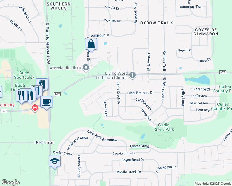 map of restaurants, bars, coffee shops, grocery stores, and more near 2855 Garlic Creek Drive in Buda