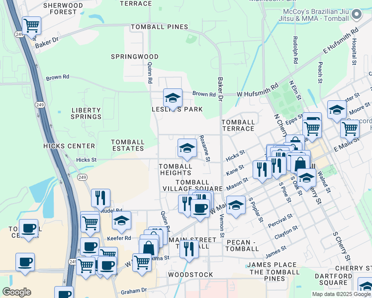 map of restaurants, bars, coffee shops, grocery stores, and more near 1011 Inwood Street in Tomball