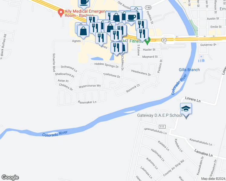 map of restaurants, bars, coffee shops, grocery stores, and more near 103 Breakwater Dr in Bastrop