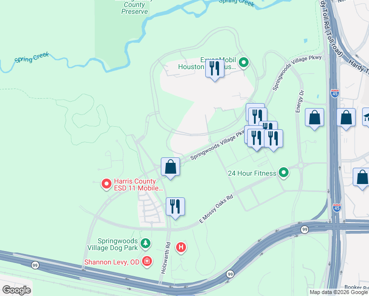 map of restaurants, bars, coffee shops, grocery stores, and more near 22777 Springwoods Village Parkway in Spring