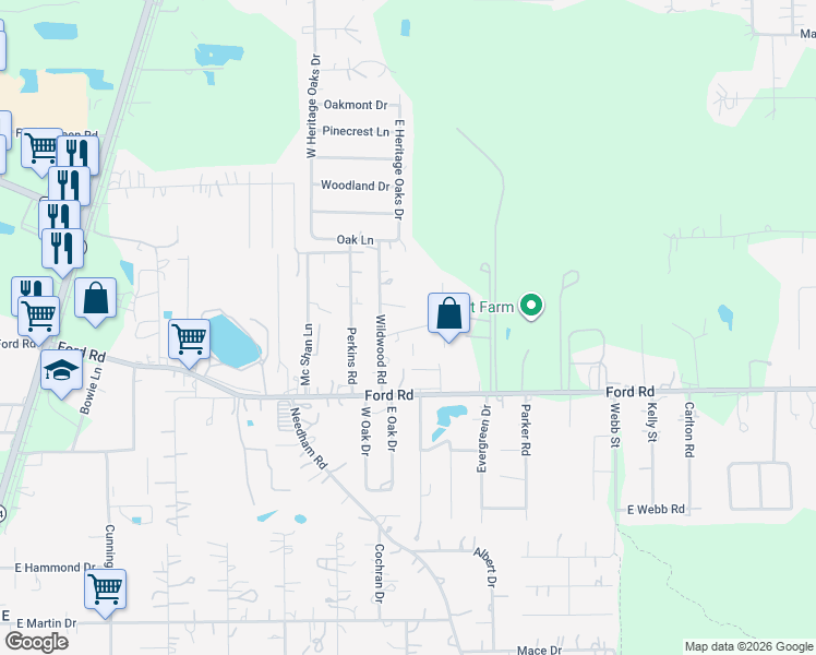 map of restaurants, bars, coffee shops, grocery stores, and more near 23120 Wildwood Road in Porter