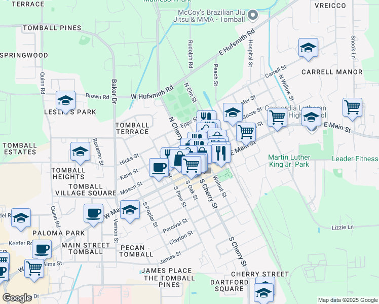 map of restaurants, bars, coffee shops, grocery stores, and more near 200 Houston Street in Tomball