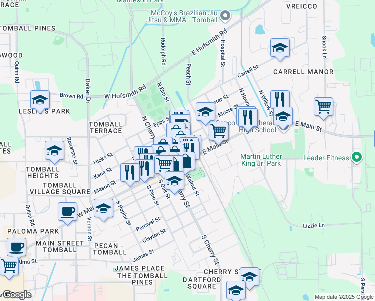 map of restaurants, bars, coffee shops, grocery stores, and more near 106 North Elm Street in Tomball