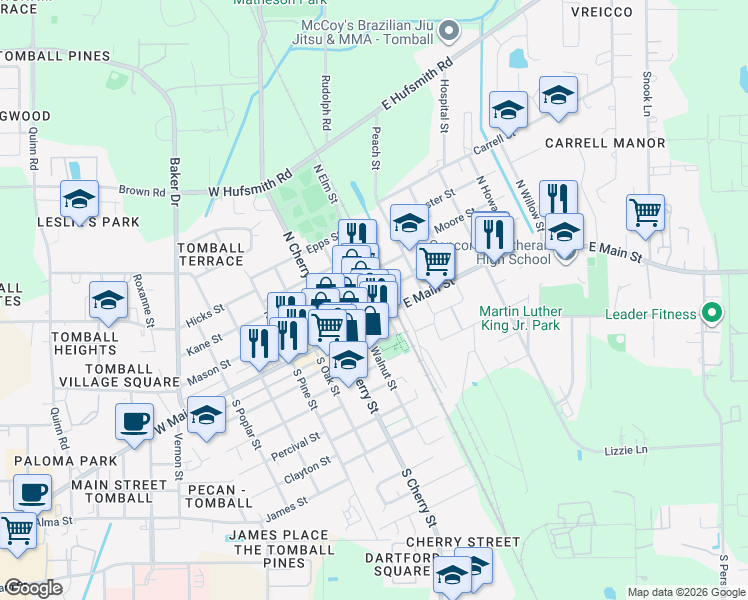 map of restaurants, bars, coffee shops, grocery stores, and more near 106 North Elm Street in Tomball