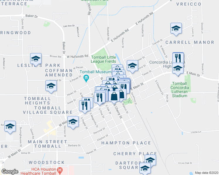map of restaurants, bars, coffee shops, grocery stores, and more near 209 Houston Street in Tomball