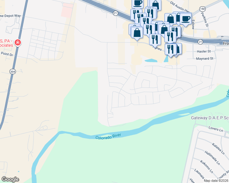 map of restaurants, bars, coffee shops, grocery stores, and more near 710 Roaring Fork Lane in Bastrop