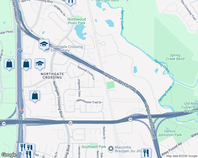 map of restaurants, bars, coffee shops, grocery stores, and more near 610 Linden Manor Court in Spring