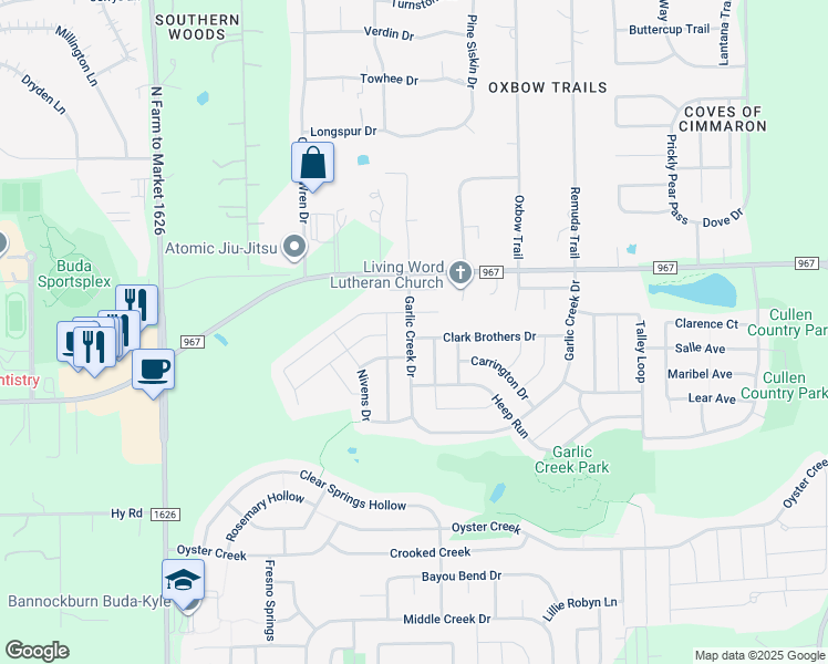 map of restaurants, bars, coffee shops, grocery stores, and more near 1352 Clark Brothers Drive in Buda