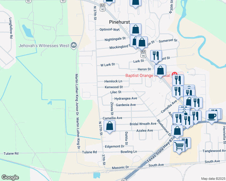 map of restaurants, bars, coffee shops, grocery stores, and more near 570 Lilac Street in Orange