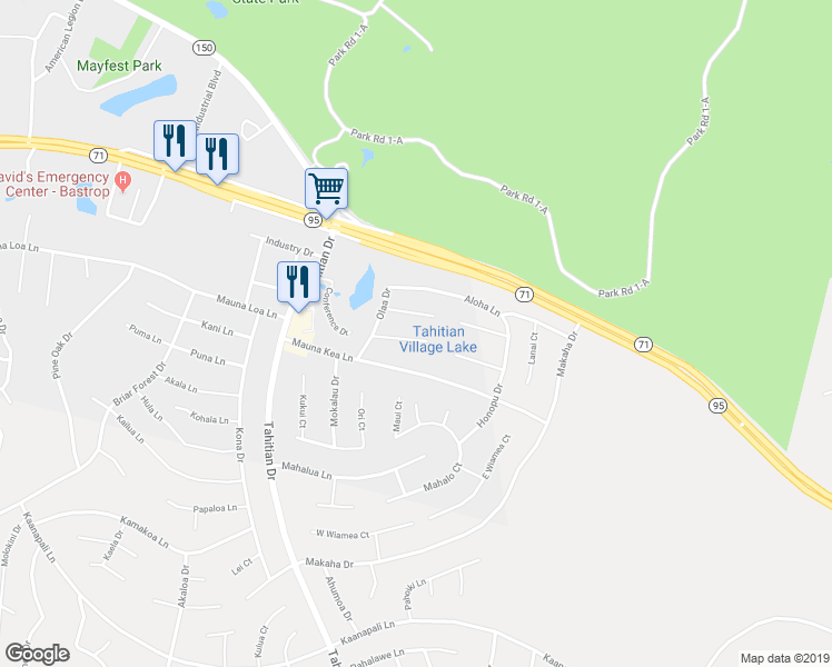map of restaurants, bars, coffee shops, grocery stores, and more near 118 Pahala Court in Bastrop