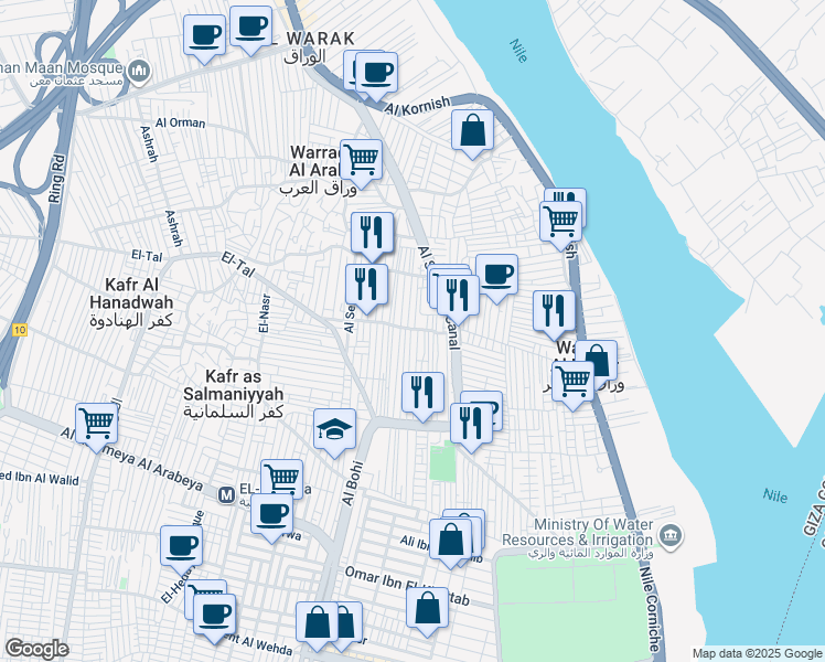 map of restaurants, bars, coffee shops, grocery stores, and more near Rehab in Al Warak