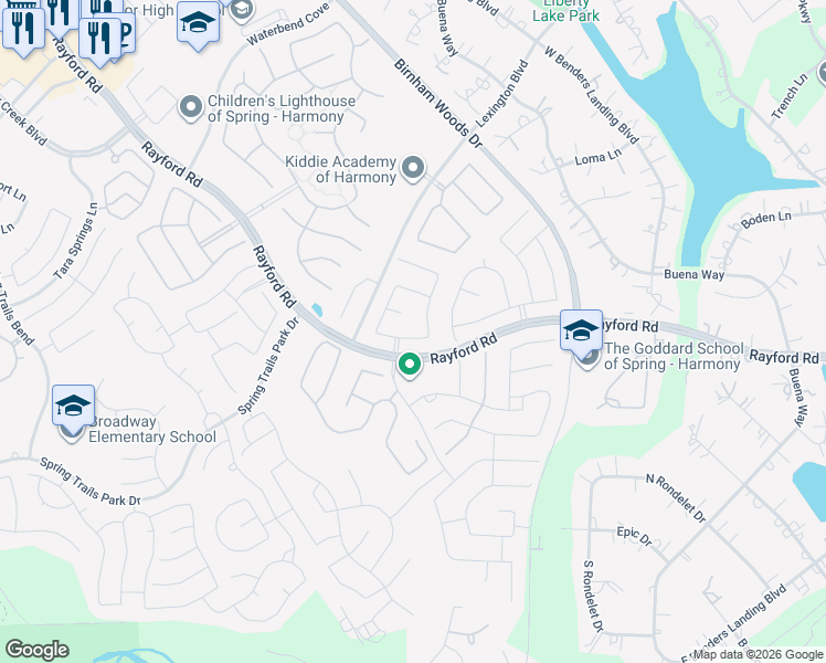 map of restaurants, bars, coffee shops, grocery stores, and more near 3910 Sierra Cove Lane in Spring