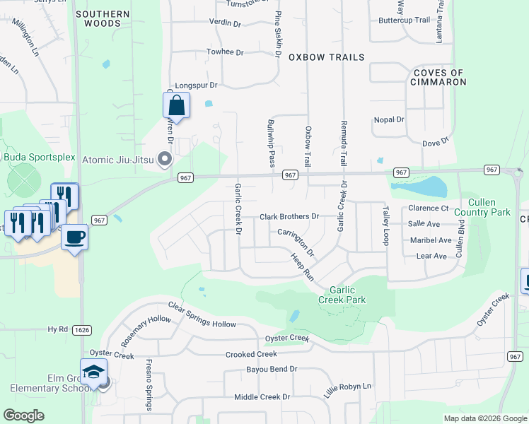map of restaurants, bars, coffee shops, grocery stores, and more near 1278 Clark Brothers Drive in Buda