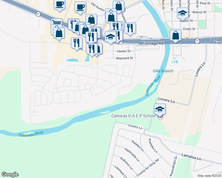 map of restaurants, bars, coffee shops, grocery stores, and more near 295 Rimrock Court in Bastrop