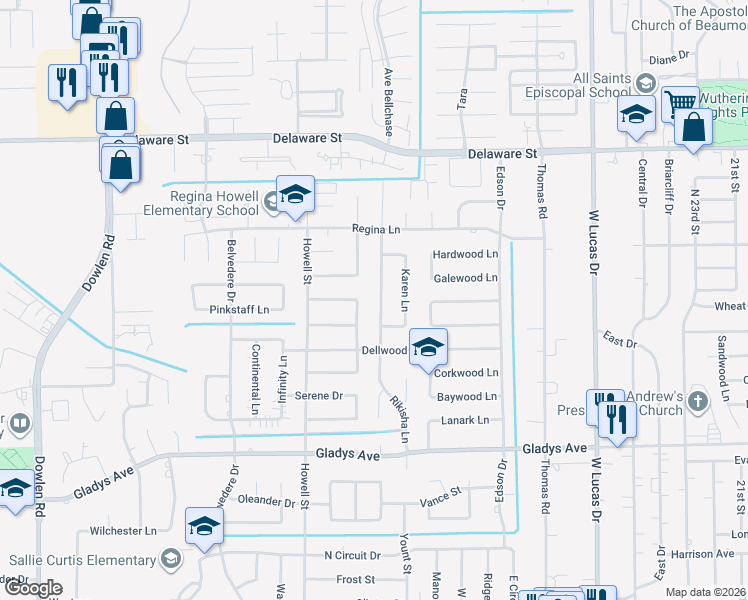 map of restaurants, bars, coffee shops, grocery stores, and more near 1790 Rikisha Lane in Beaumont