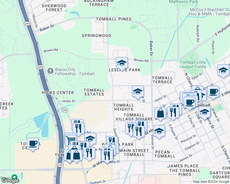 map of restaurants, bars, coffee shops, grocery stores, and more near 29607 Quinn Road in Tomball