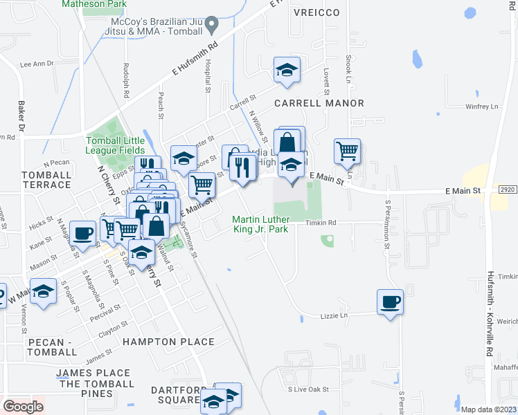 map of restaurants, bars, coffee shops, grocery stores, and more near 417 Mechanic Street in Tomball