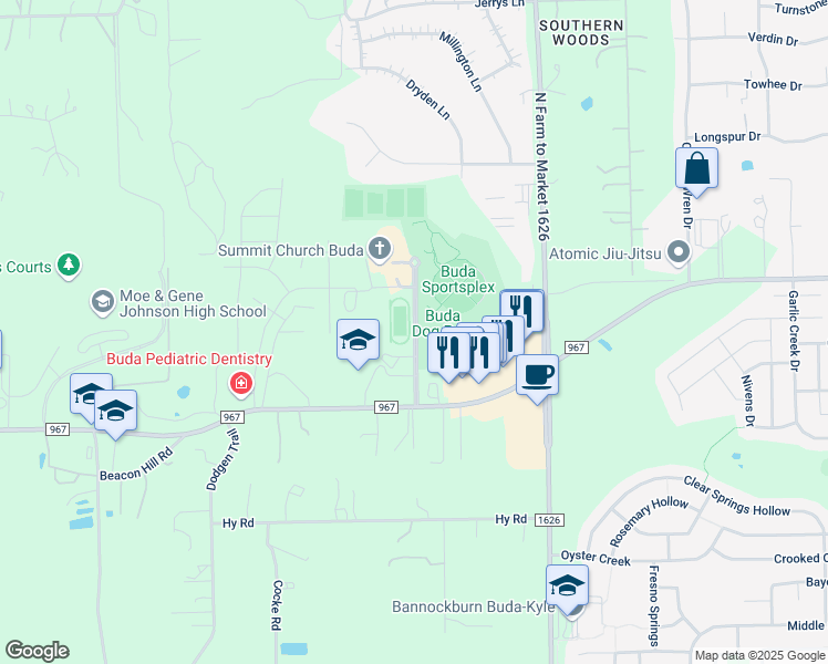 map of restaurants, bars, coffee shops, grocery stores, and more near Buda Sportsplex Drive in Hays County