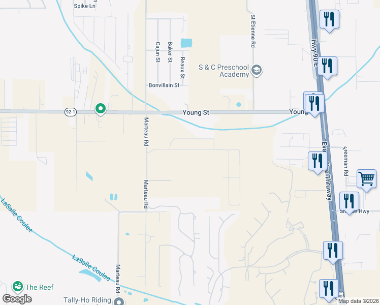 map of restaurants, bars, coffee shops, grocery stores, and more near Whispering Meadows Road in Broussard