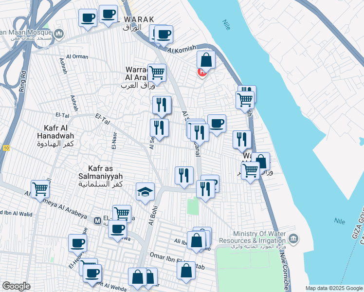 map of restaurants, bars, coffee shops, grocery stores, and more near Rehab in Al Warak