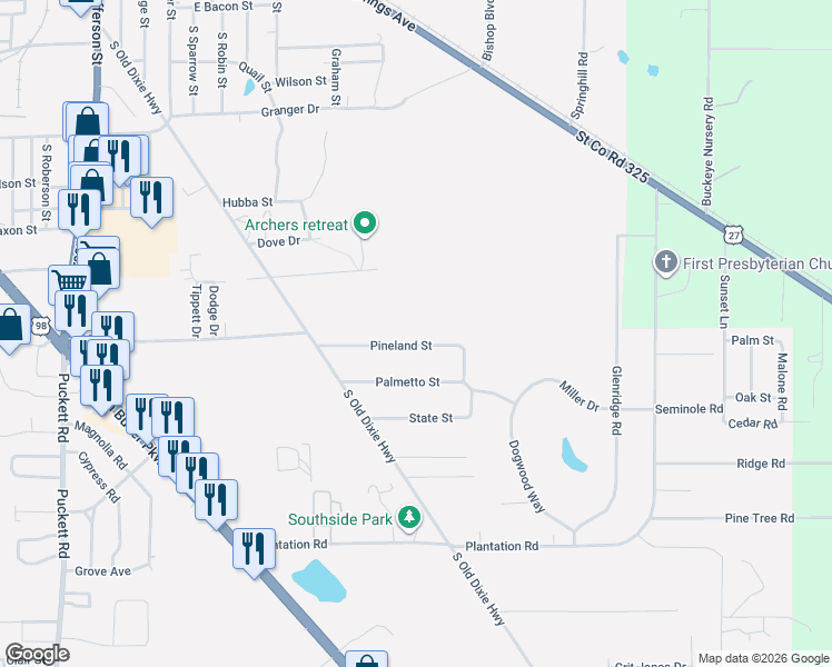 map of restaurants, bars, coffee shops, grocery stores, and more near 210 Pineland Street in Perry