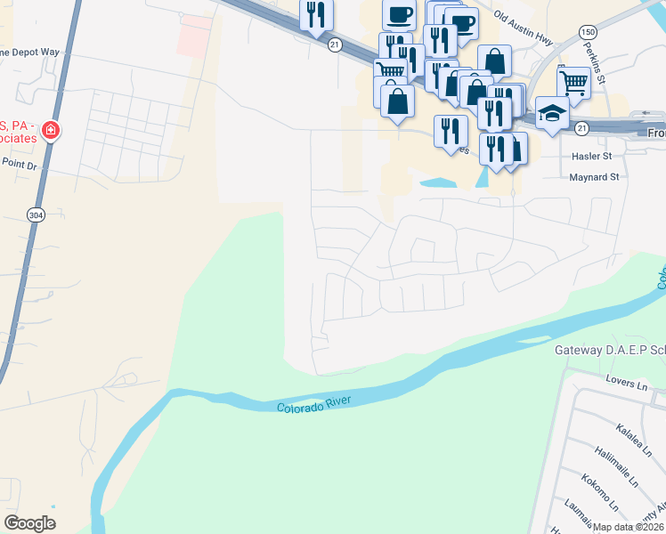 map of restaurants, bars, coffee shops, grocery stores, and more near 710 Roaring Fork Lane in Bastrop