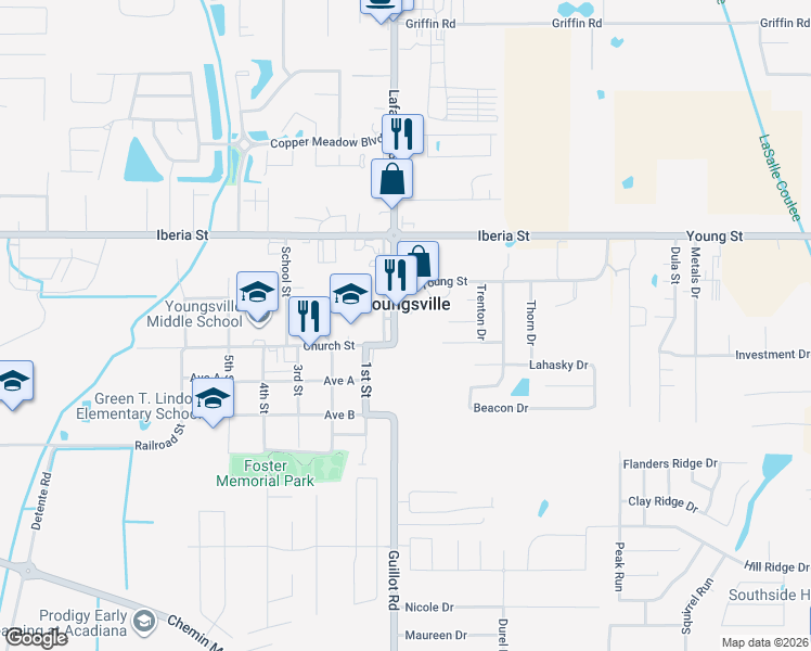 map of restaurants, bars, coffee shops, grocery stores, and more near 106 Lafayette Street in Youngsville