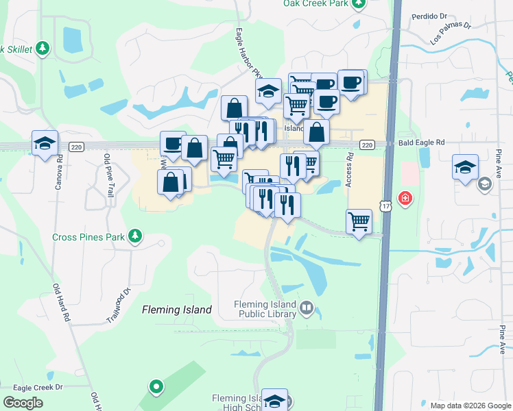 map of restaurants, bars, coffee shops, grocery stores, and more near 1915 E West Pkwy in Orange Park