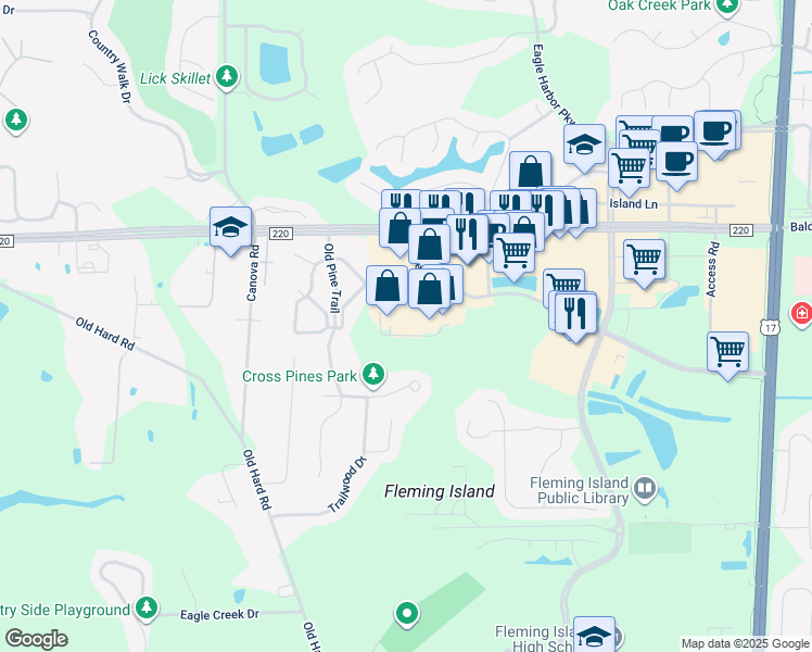 map of restaurants, bars, coffee shops, grocery stores, and more near 1995 East West Parkway in Orange Park