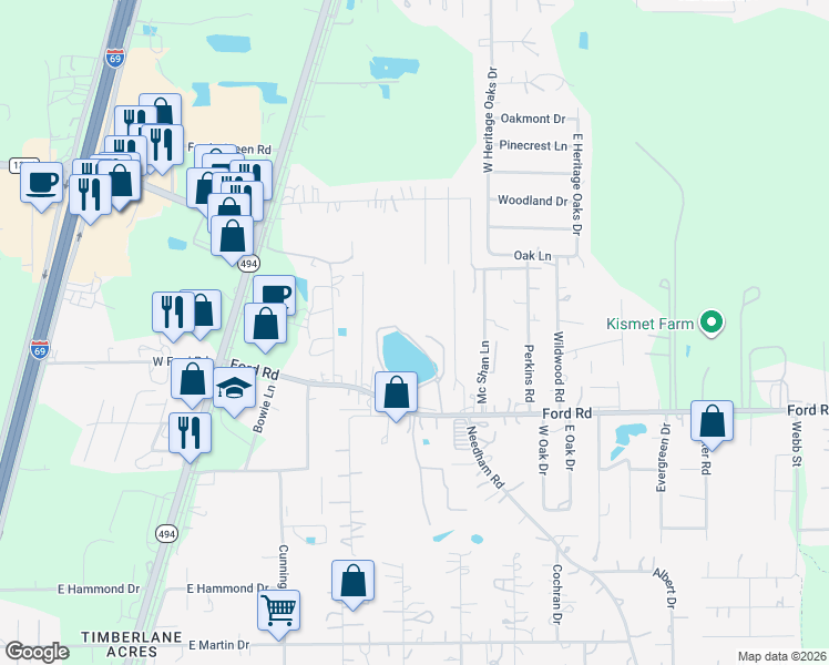 map of restaurants, bars, coffee shops, grocery stores, and more near 22731 Ford Road in Porter