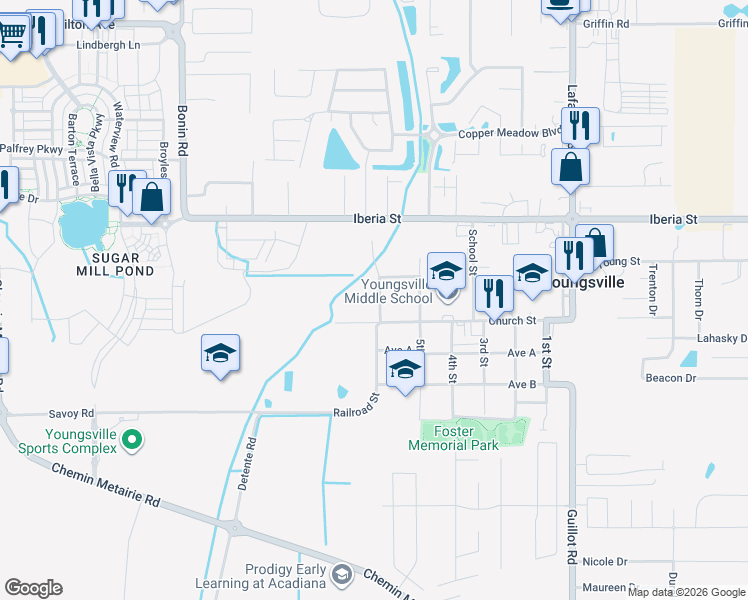 map of restaurants, bars, coffee shops, grocery stores, and more near 105 South Parkwood Drive in Youngsville