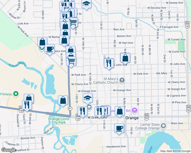 map of restaurants, bars, coffee shops, grocery stores, and more near 953 12th Street in Orange