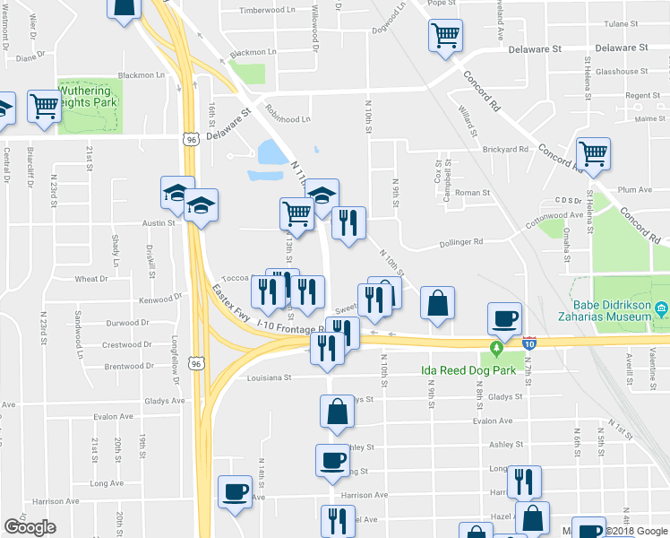 map of restaurants, bars, coffee shops, grocery stores, and more near 2150 North 11th Street in Beaumont