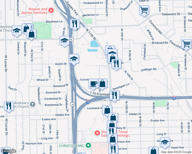 map of restaurants, bars, coffee shops, grocery stores, and more near 2910 Toccoa Road in Beaumont