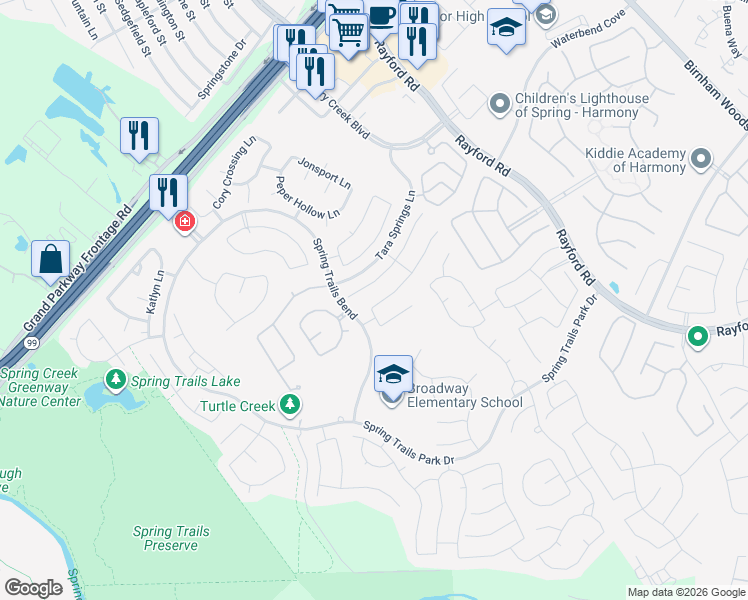 map of restaurants, bars, coffee shops, grocery stores, and more near 2315 Morgan Ridge Lane in Spring