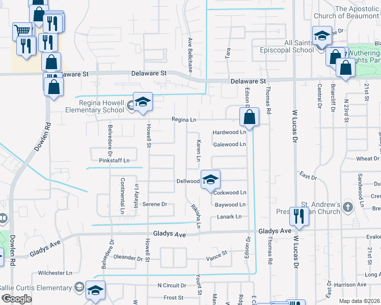 map of restaurants, bars, coffee shops, grocery stores, and more near 1790 Rikisha Lane in Beaumont