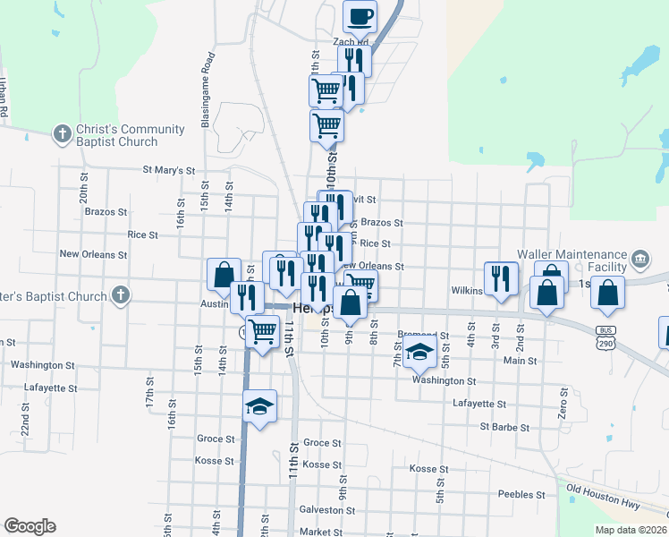 map of restaurants, bars, coffee shops, grocery stores, and more near 618 10th Street in Hempstead