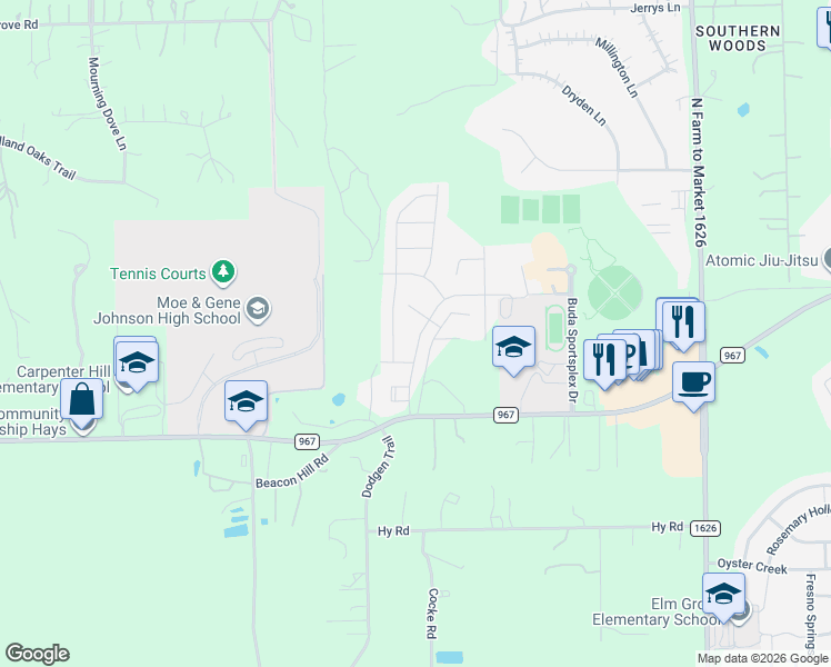 map of restaurants, bars, coffee shops, grocery stores, and more near 291 Carpenter Hill Drive in Buda