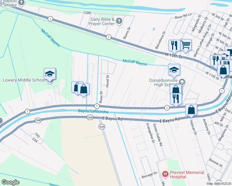 map of restaurants, bars, coffee shops, grocery stores, and more near 124 Market St in Donaldsonville