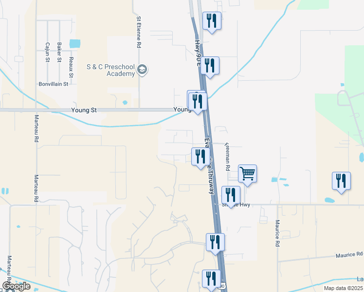 map of restaurants, bars, coffee shops, grocery stores, and more near 103 Weco Lane in Broussard