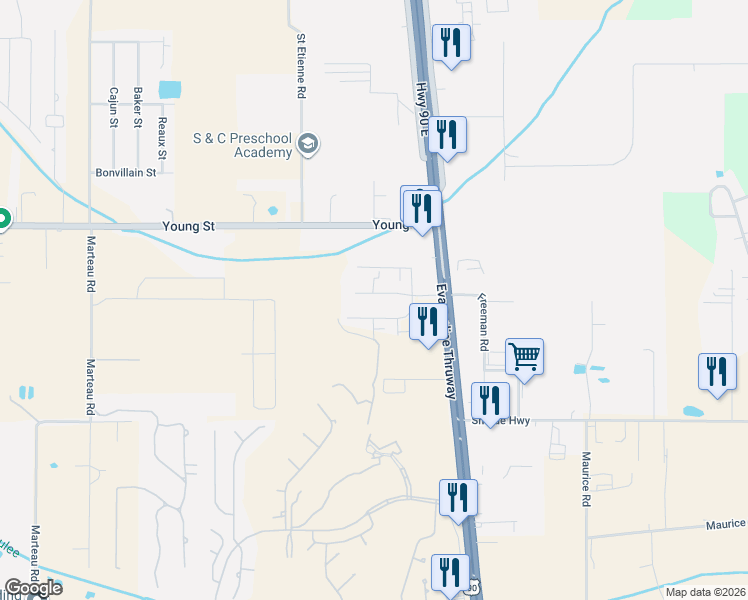 map of restaurants, bars, coffee shops, grocery stores, and more near 103 Weco Lane in Broussard