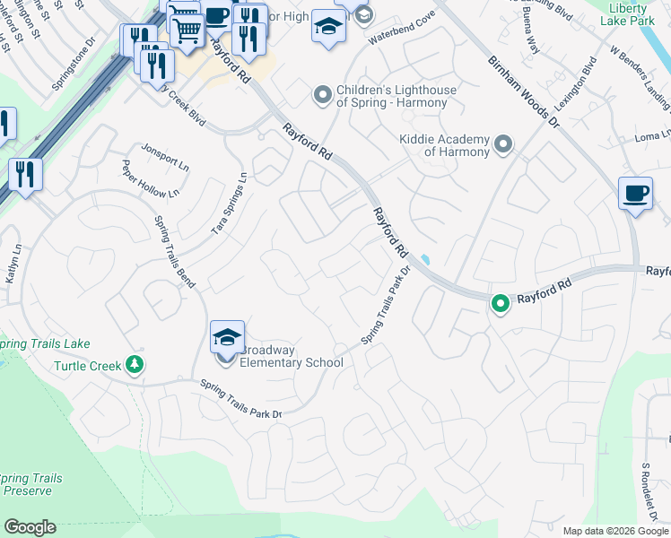 map of restaurants, bars, coffee shops, grocery stores, and more near 27311 Balson Forest in Spring