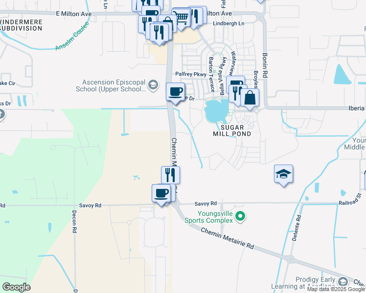 map of restaurants, bars, coffee shops, grocery stores, and more near 1800 Chemin Metairie Parkway in Youngsville