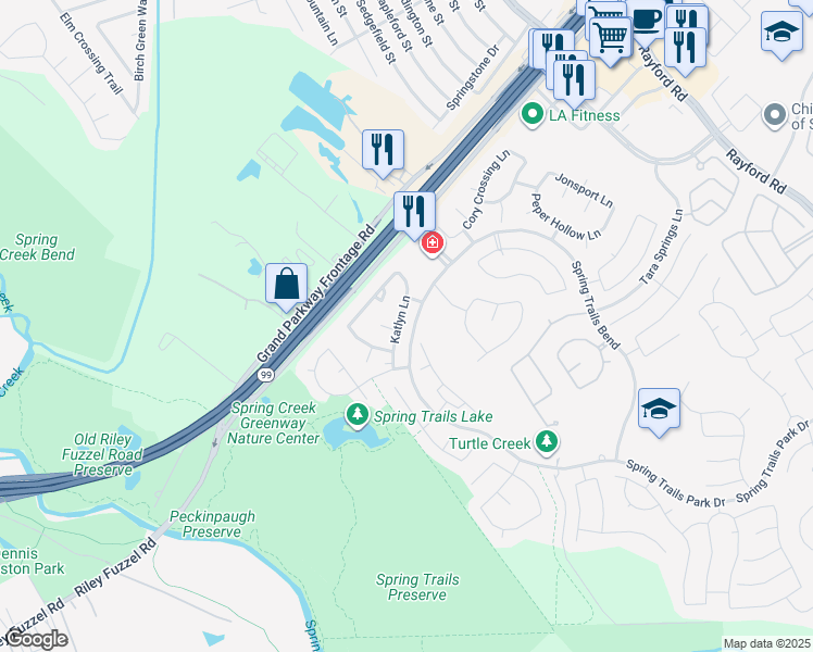 map of restaurants, bars, coffee shops, grocery stores, and more near 1834 Katlyn Lane in Spring