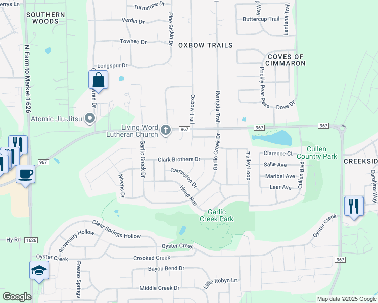 map of restaurants, bars, coffee shops, grocery stores, and more near 200 Hartung Cove in Buda