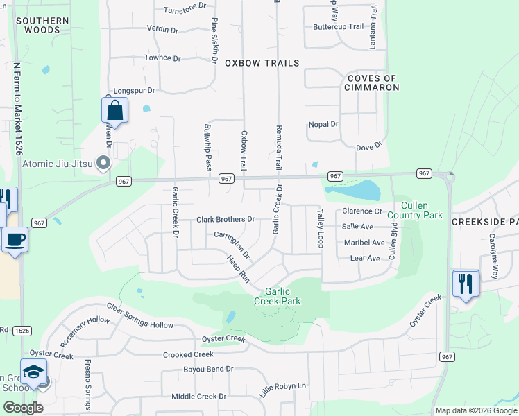 map of restaurants, bars, coffee shops, grocery stores, and more near 156 Crizer Court in Buda