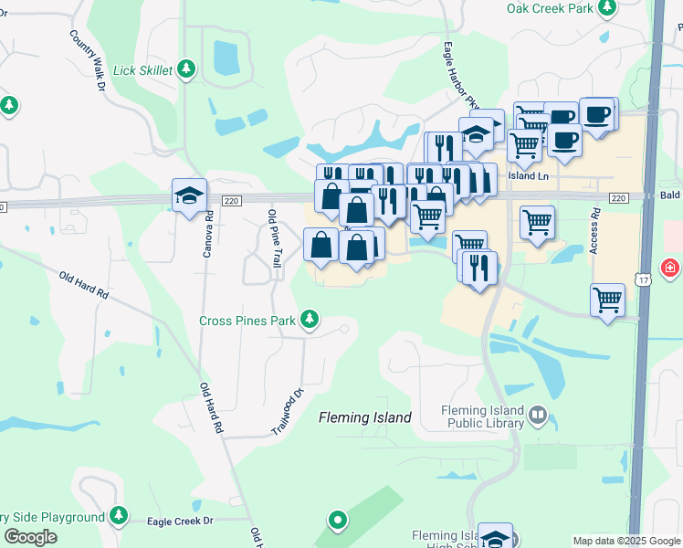 map of restaurants, bars, coffee shops, grocery stores, and more near 1995 East West Parkway in Orange Park