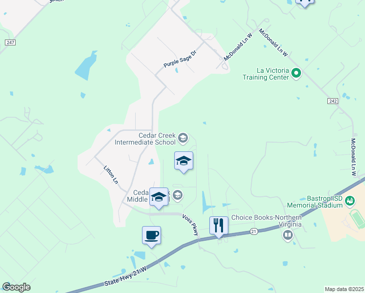 map of restaurants, bars, coffee shops, grocery stores, and more near 151 Voss Parkway in Cedar Creek